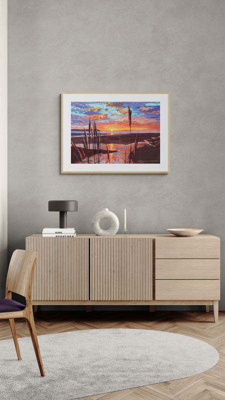 coming back along sunset print in a wood frame 