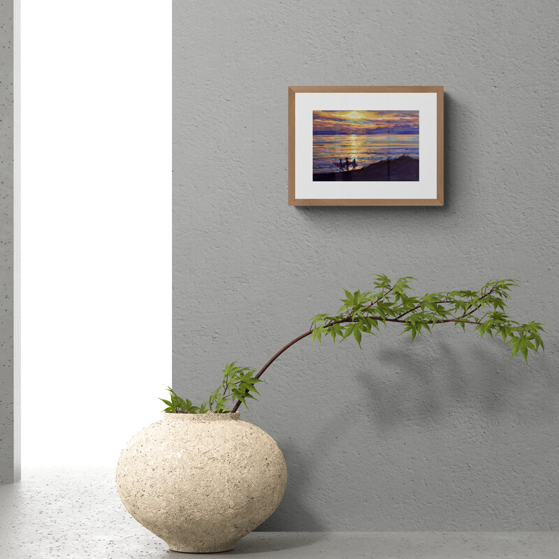 evening surf original painting hanging on a grey wall 