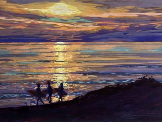 colourful painting of surfers enjoying a sunset evening