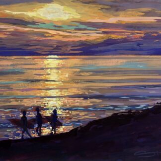 colourful painting of surfers enjoying a sunset evening