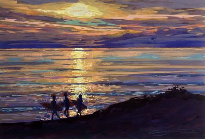 colourful painting of surfers enjoying a sunset evening