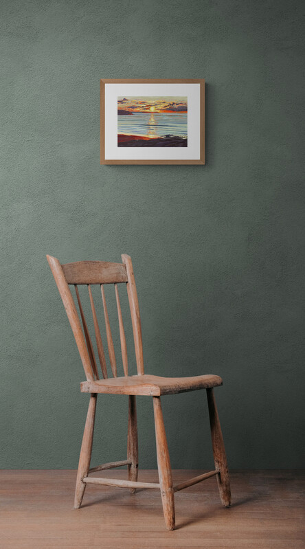 shining through original painting hanging on a green wall over a wooden chair