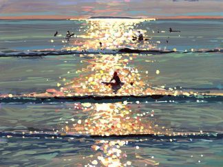 Glassing Off Nicely colourful painting of surfers at sunset