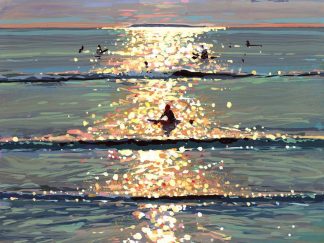 Glassing Off Nicely colourful painting of surfers at sunset