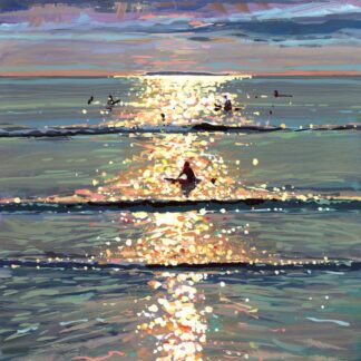 Glassing Off Nicely colourful painting of surfers at sunset