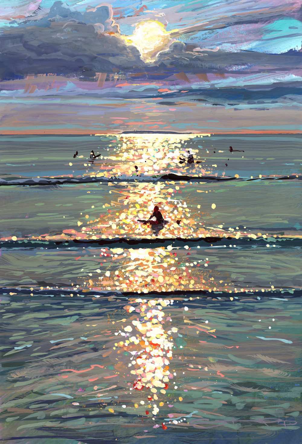 Glassing Off Nicely colourful painting of surfers at sunset
