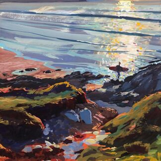 Colourful painting of a surfer walking into the sea at sunset at Woolacombe beach North Devon by local artists Steve PP