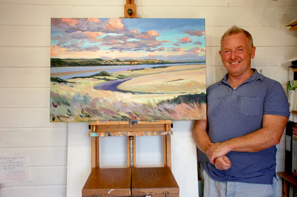 commission a painting Steve PP standing next to an easel