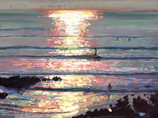 Sparkle Glide colourful painting of a Surfer riding a wave at sunset