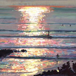 Sparkle Glide colourful painting of a Surfer riding a wave at sunset