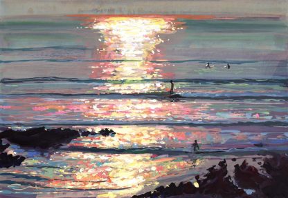 Sparkle Glide colourful painting of a Surfer riding a wave at sunset