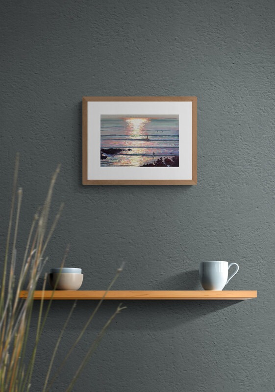 Sparkle Glide hanging on a grey wall above a shelf