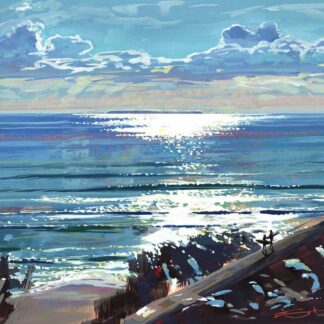 spring shimmer two surfers chat at the waters edge on a sparkling spring day at woolacombe beach