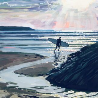 Sunset Surf surfer walking into the surf at sunset original painting by Steve PP Fine Art