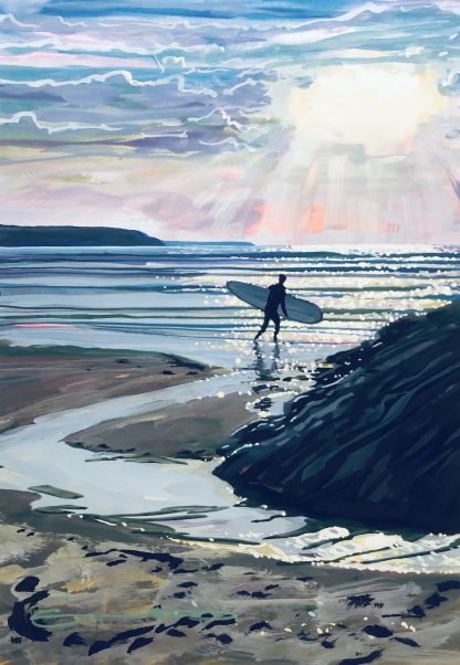 Sunset Surf surfer walking into the surf at sunset original painting by Steve PP Fine Art