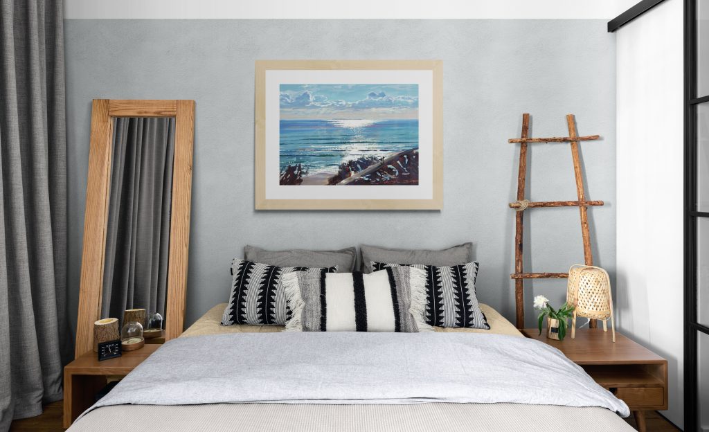 Spring shimmer art print hanging on a bedroom wall