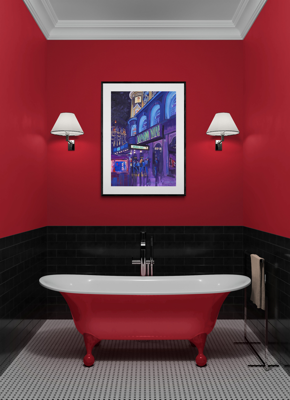After the show Novello Theatre London painting room in a black frame hanging in a red bathroom 
