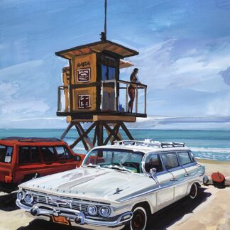 Classic American car parked in front of the lifeguard tower