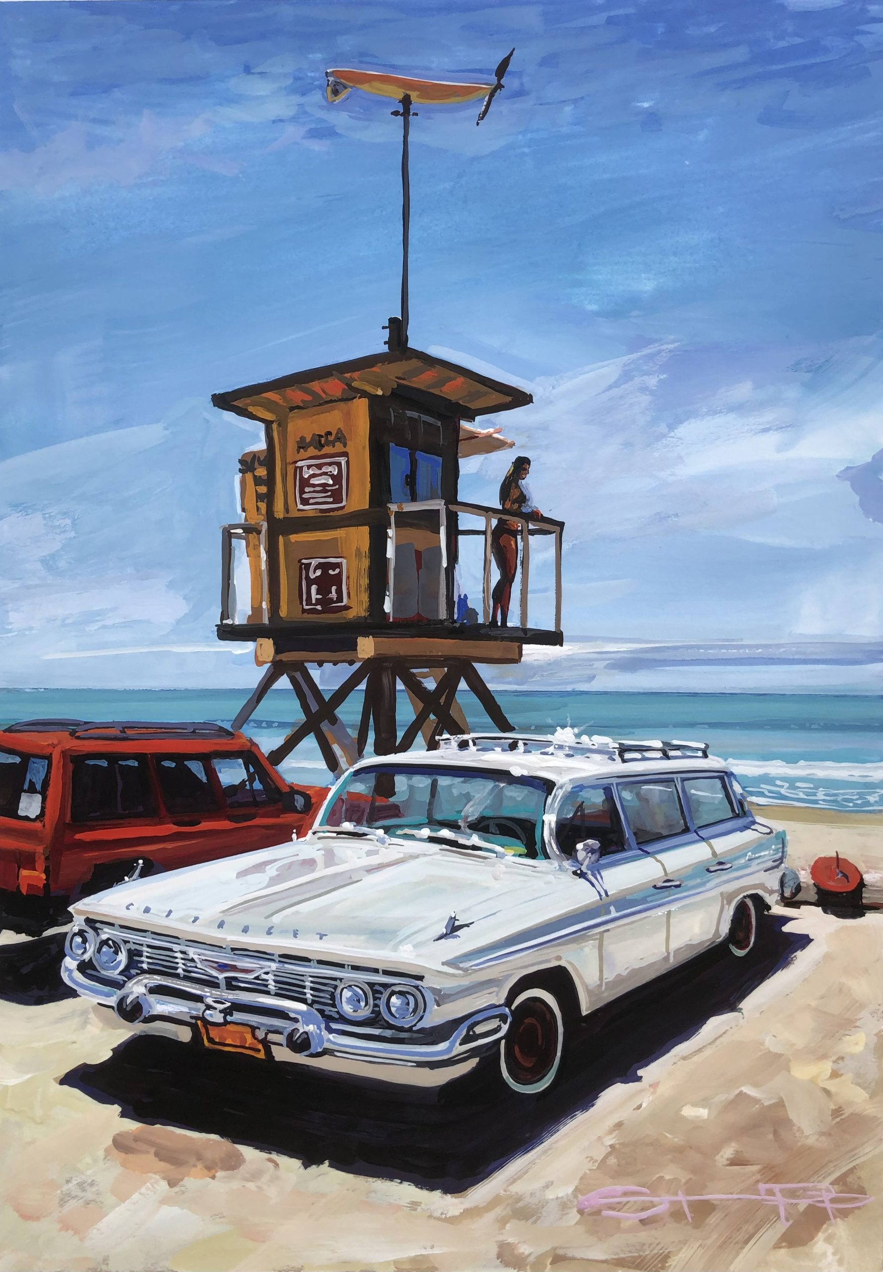 Classic American car parked in front of the lifeguard tower
