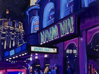 After The Show, Novello Theatre, London - it's amazing the transformation that  Theatreland goes through when night falls and the theatres radiate their colours out onto the West End. Everything gets bathed in reflected colour and light. In fact it feels like you leave one show and enter the beginning of another. Original gouache painting