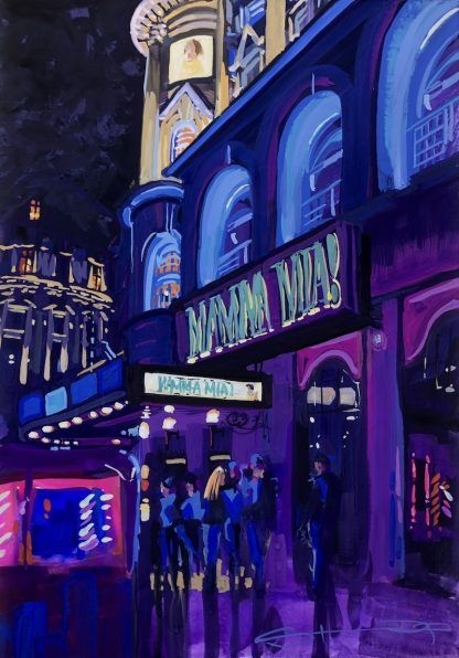 After The Show, Novello Theatre, London - it's amazing the transformation that  Theatreland goes through when night falls and the theatres radiate their colours out onto the West End. Everything gets bathed in reflected colour and light. In fact it feels like you leave one show and enter the beginning of another. Original gouache painting