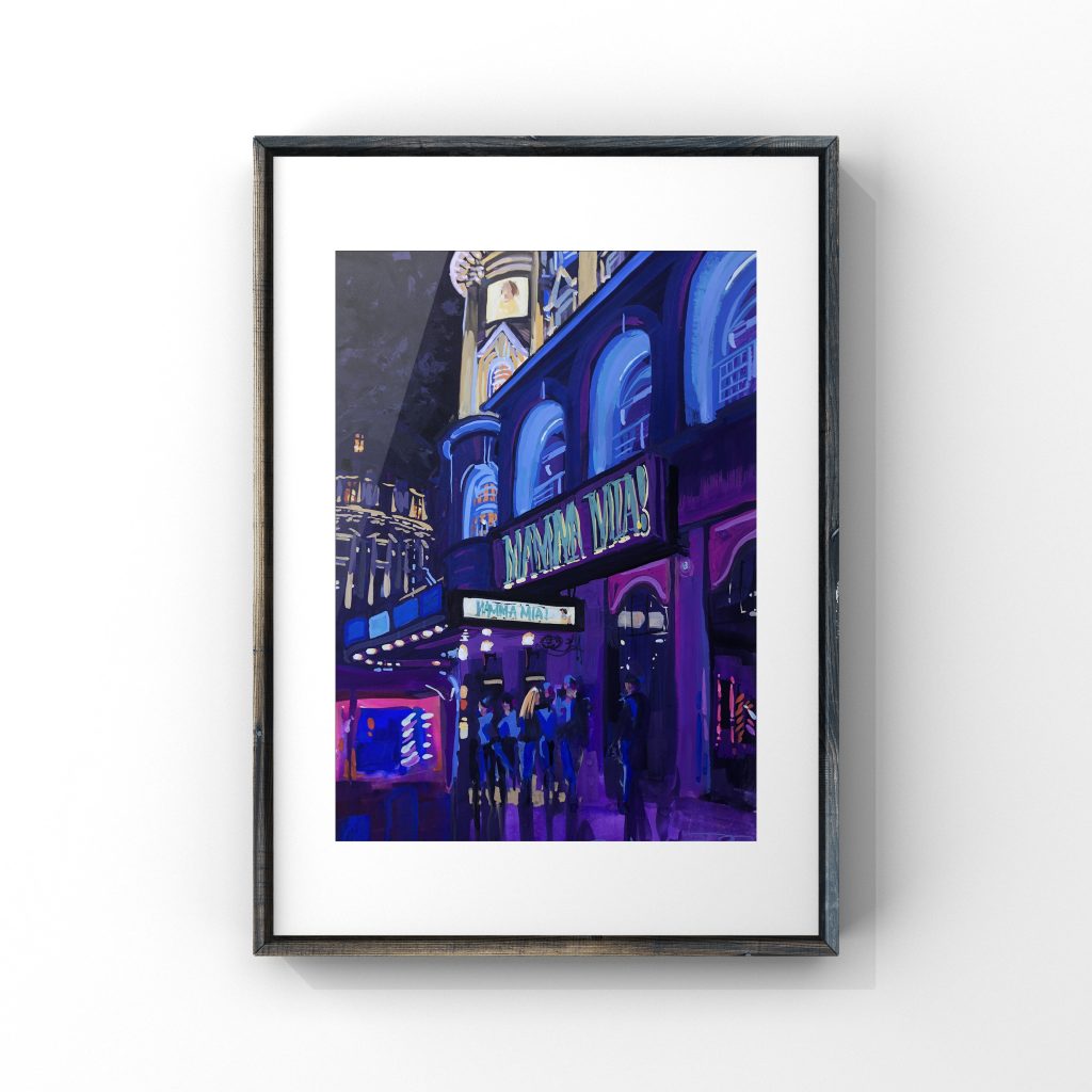 After The Show, Novello Theatre, London - framed hanging on a white wall

Original gouache painting