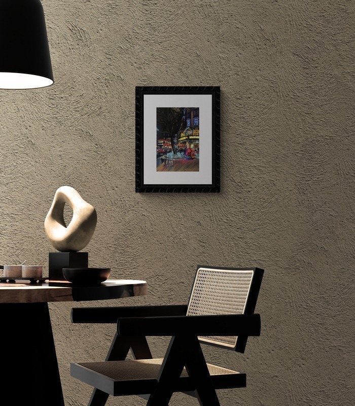 Showtime Aldwych theatre painting hanging in a black frame in a contemporary dining room