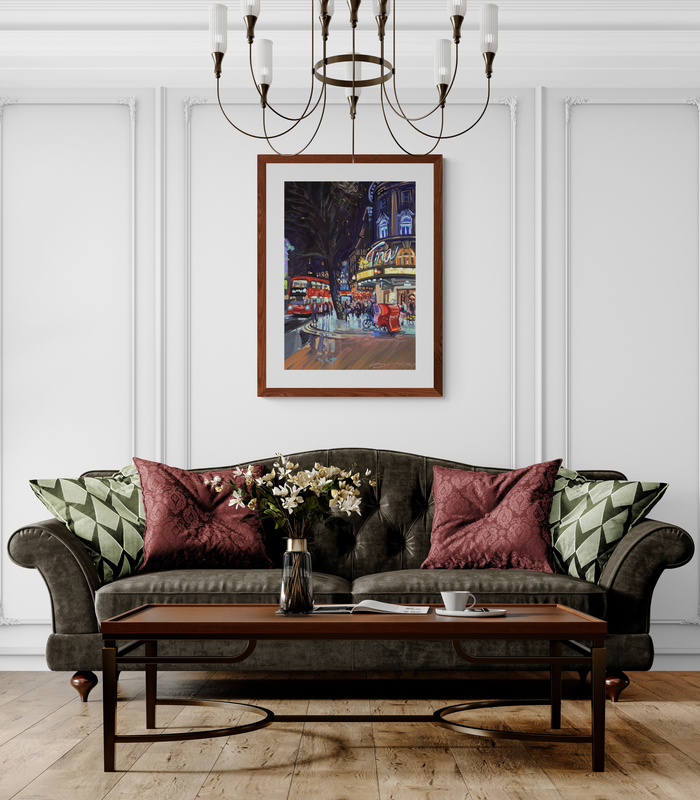 Showtime Aldwych theatre art print in a wood frame above an elegant sofa