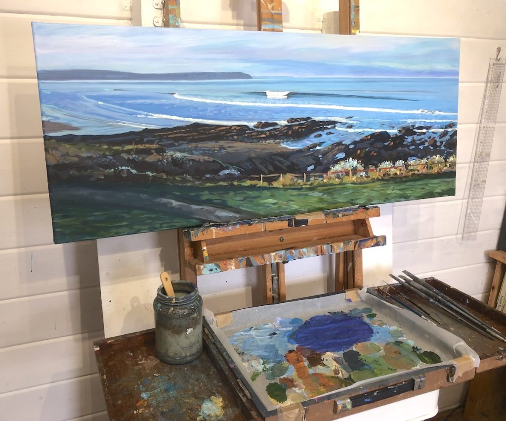 woolacombe painting on the easel in the art studio of Woolacombe painter Steve PP
