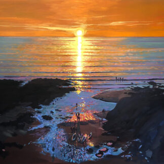 Colourful painting of a sunset over Barricane Beach,Woolacombe,Devon.