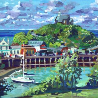A sunny afternoon's plein air painting session perched on a warm bench in St.James' Park, Ilfracombe, overlooking the outer harbour with a solitary yacht waiting for the tide. Lantern Hill lit up as the shower clouds scudded by. "Later Hill Aglow" gouache 8 x 6 inches on Bristol board