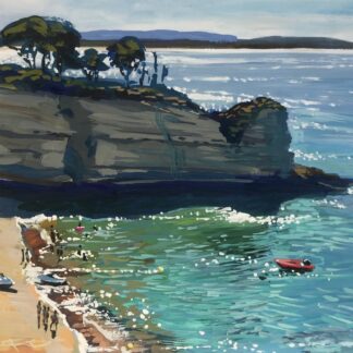 Colourful beach painting with a sparkling sea and a red boat