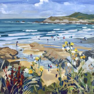 Colourful summer painting of beachgoers on Barricane beach Woolacombe in Devon UK