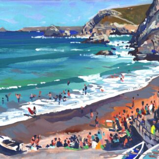 Painting of beachgoers on St.Agnes beach ,Cornwall at high tide
