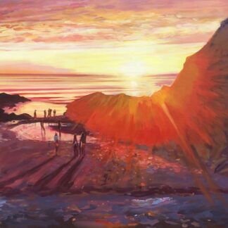 colourful painting of a glowing sunset on Barricane Beach Woolacombe Devon by local artist