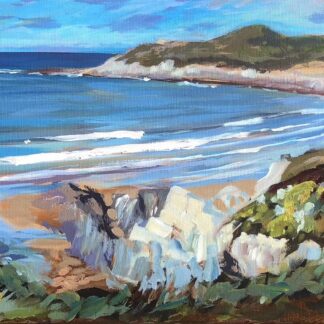 painting of a sunny day on the beach and coastal cliffs above Barricane beach and combesgate beach with Morte point in the background