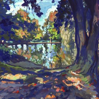 Colourful gouache Painting of a calm boat lake in Bicclescombe Park Ilfracombe ringed with trees displaying their autumn leaves