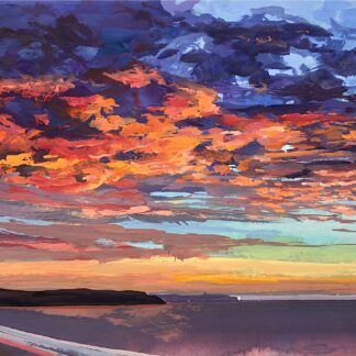 Painting of a sunset over Hartland Lighthouse in North Devon