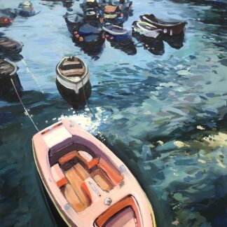 pink dinghy at mevagissey harbour Cornwall UK Original painting by landscape artist Steve PP
