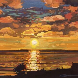 sunset behind Lundy from Woolacombe beach original; painting by Steve PP