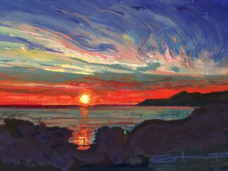 Red and orange sunset over the sea reflecting onto a figure standing on the shore