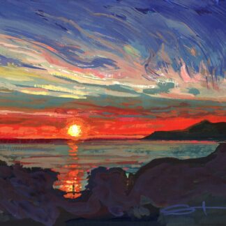 Red and orange sunset over the sea reflecting onto a figure standing on the shore