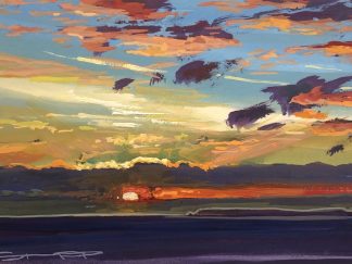 twilight time sunset to the south of Lundy,North Devon gouache painting
