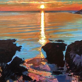 Original acrylic painting of a sunset viewed from Barricane beach in woolacombe north Devon by local artist Steve PP
