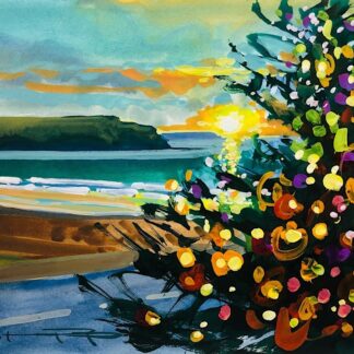 Christmas lights dance in the winter sunlight at Christmas time on Woolacombe Beach.