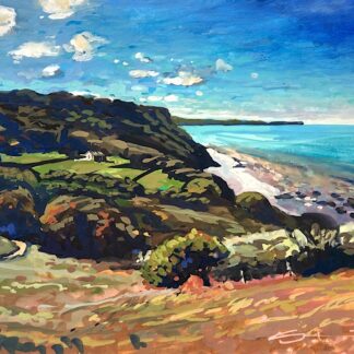 A gouache painting of a gloriously still day, just a gentle breeze wafting across the hills. Hardly a ripple as the sea meets the shoreline on the coast path to Clovelly