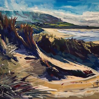 Painting of the sand dunes on croyde beach looking south to Saunton Down, which is partially enveloped in coastal mist on a sunny day in January