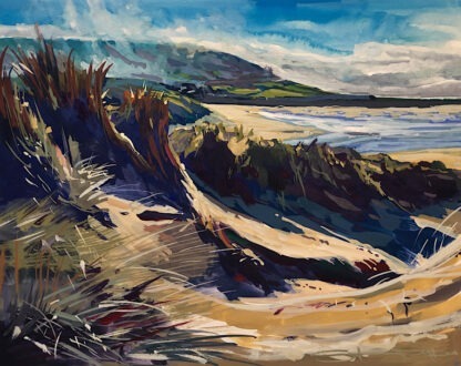 Painting of the sand dunes on croyde beach looking south to Saunton Down, which is partially enveloped in coastal mist on a sunny day in January