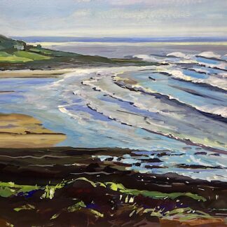 Gouache painting of the view over Croyde Bay Surf from Baggy Point