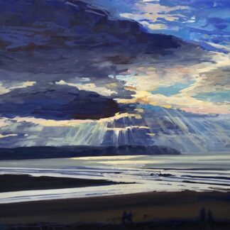 painting of sunspots shining through the clouds onto the Atlantic ocean at Woolacombe beach in North Devon